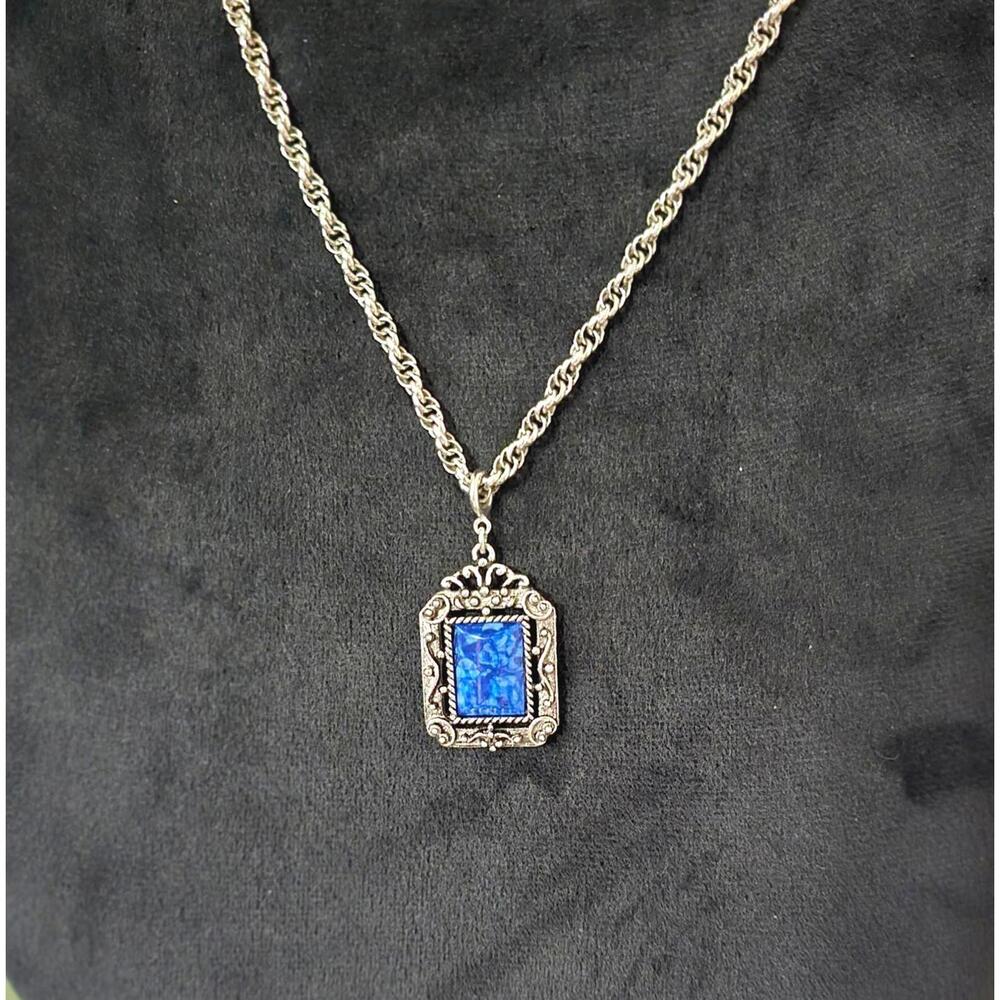 Vintage Blue Opalescent Pendant Necklace Silver Tone Ornate Art Deco Jewelry